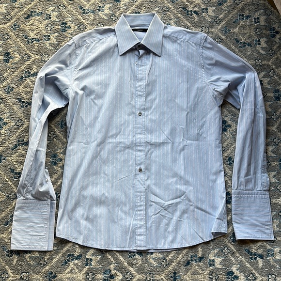 Gucci button down Shirt in light blue with lines of blue and dark red/brown - Picture 1 of 13